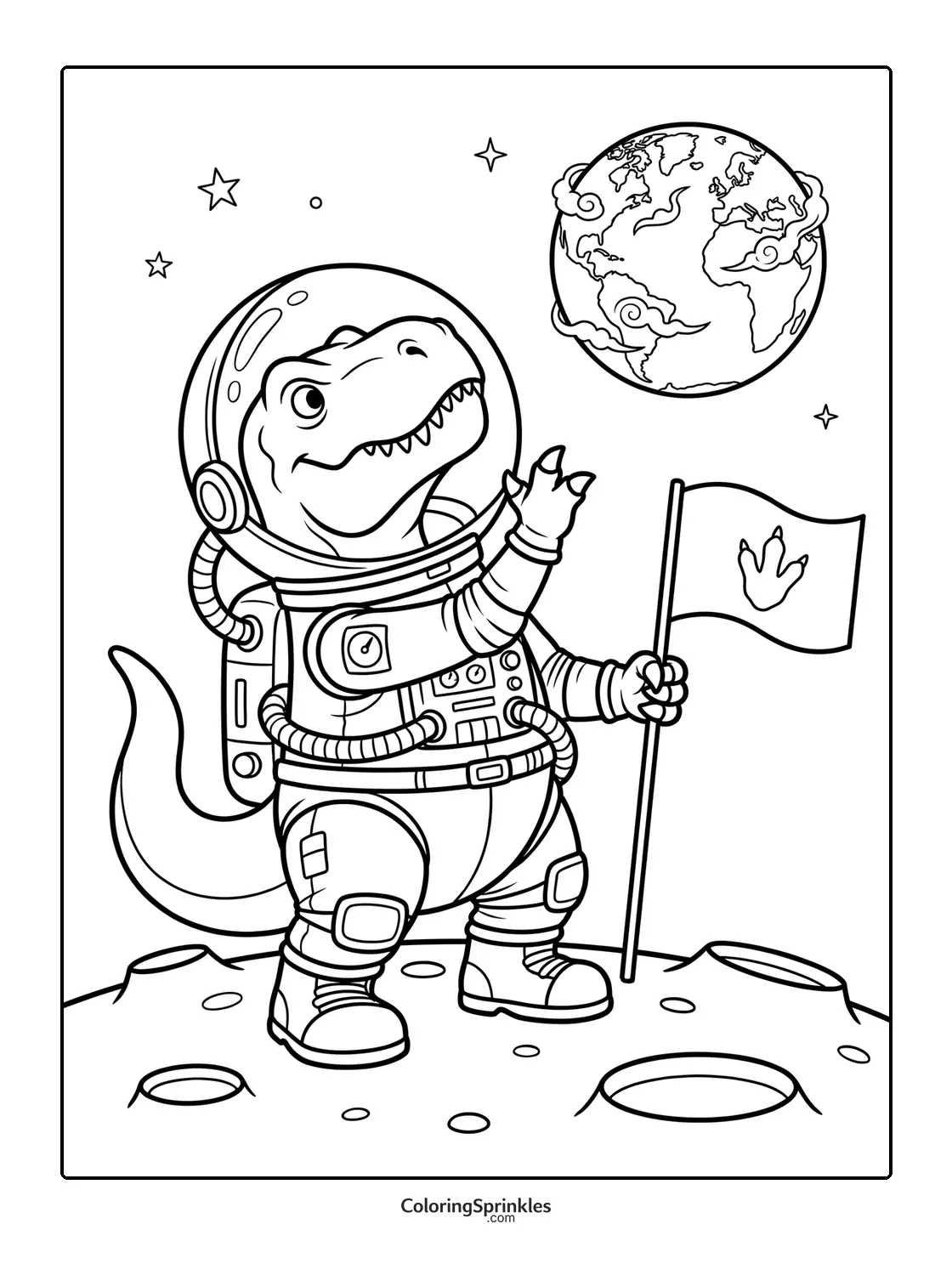 Coloring page of a T-Rex astronaut standing on the moon holding a flag