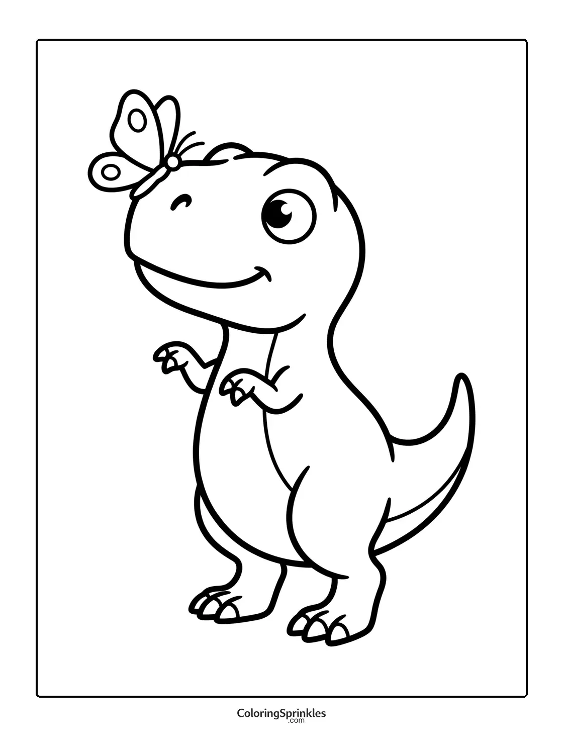 Coloring page of a cute T-Rex with a butterfly on its nose