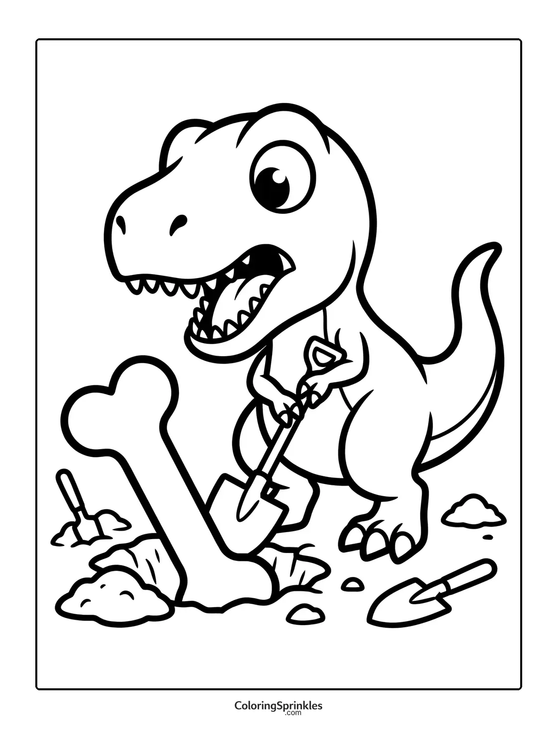 Coloring page of a T-Rex digging up a large bone fossil