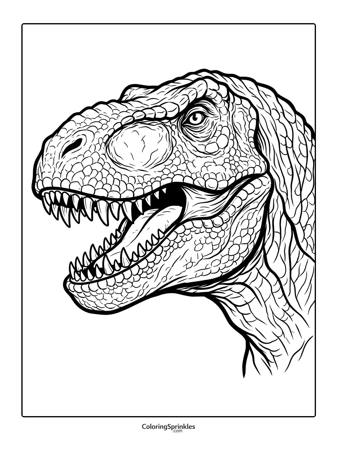 Coloring page of a T-Rex dinosaur head with open mouth