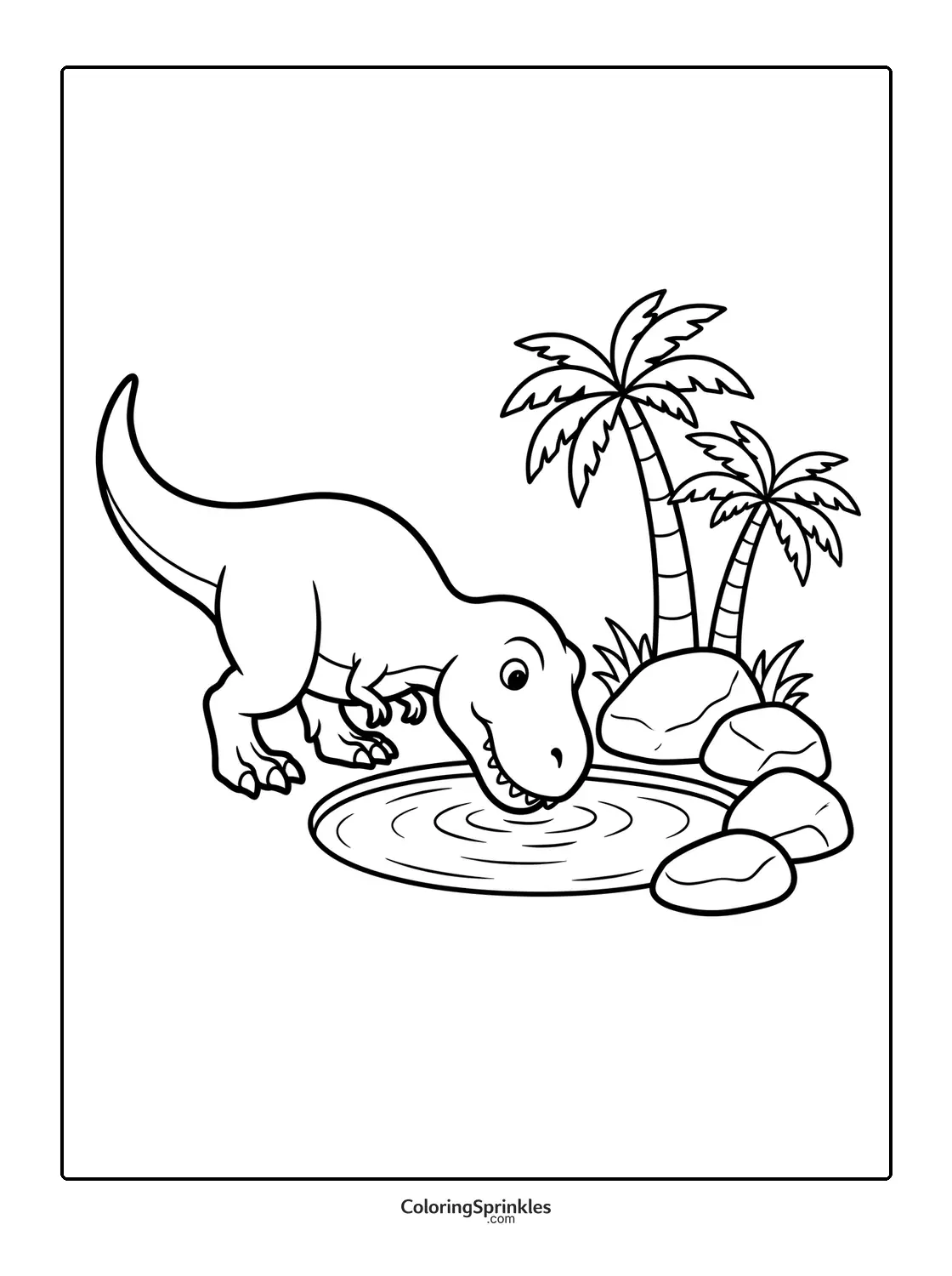 Coloring page of a T-Rex drinking water near palm trees and rocks