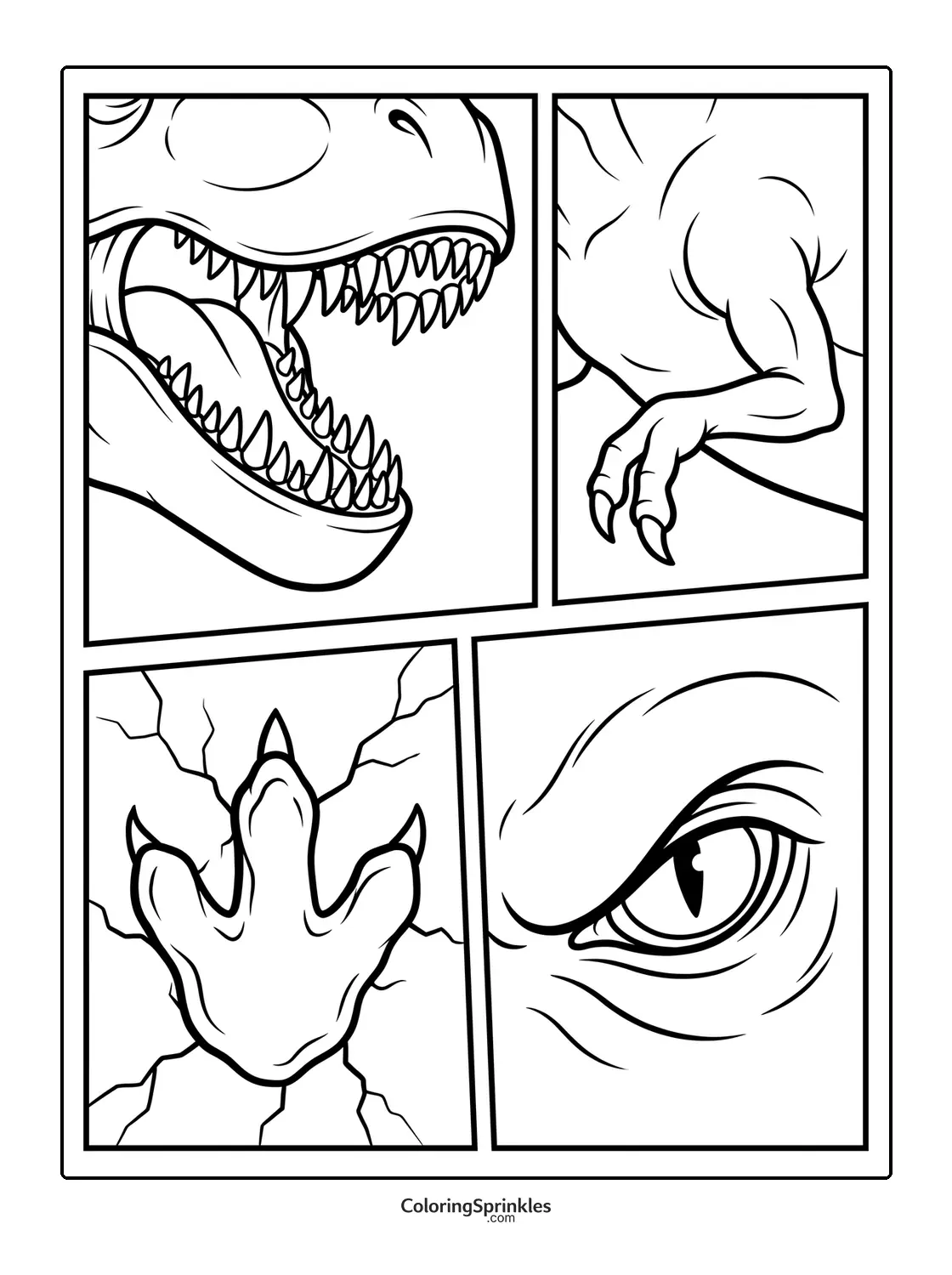 Coloring page of closeup views of a T-Rex mouth, claw, footprint, and eye