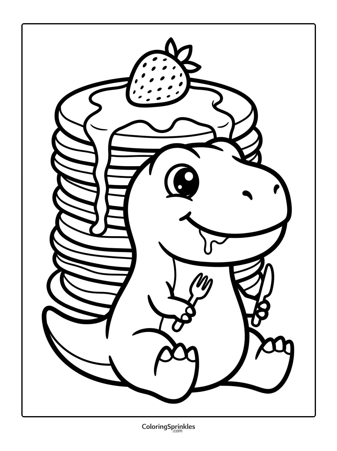 Coloring page of a happy T-Rex sitting with a fork and knife in front of a tall stack of pancakes topped with syrup and a strawberry