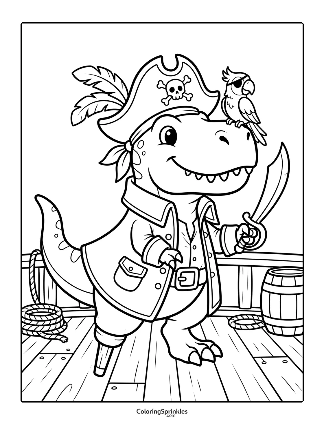 Coloring page of a T-Rex dressed as a pirate on a ship deck with a parrot and sword