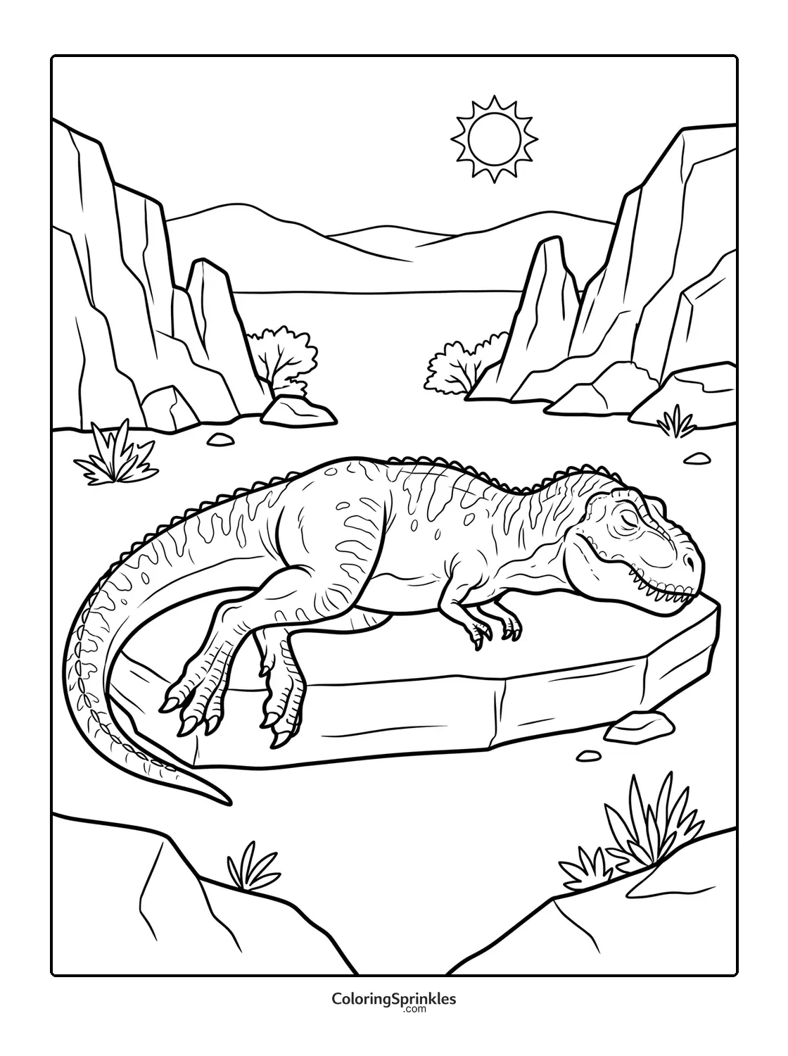 Coloring page of a T-Rex sleeping on a rock in a rocky valley