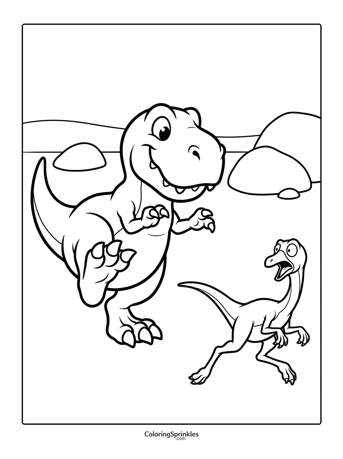 Coloring page of a T-Rex chasing a small dinosaur near rocks