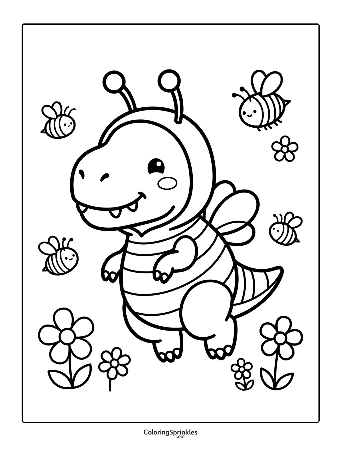 Coloring page of a T-Rex dinosaur dressed in a bee costume with flowers and bees