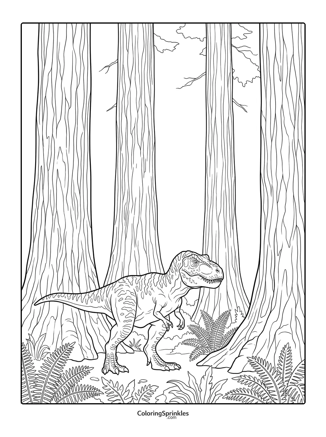Coloring page of a T-Rex dinosaur in a forest with tall trees and ferns