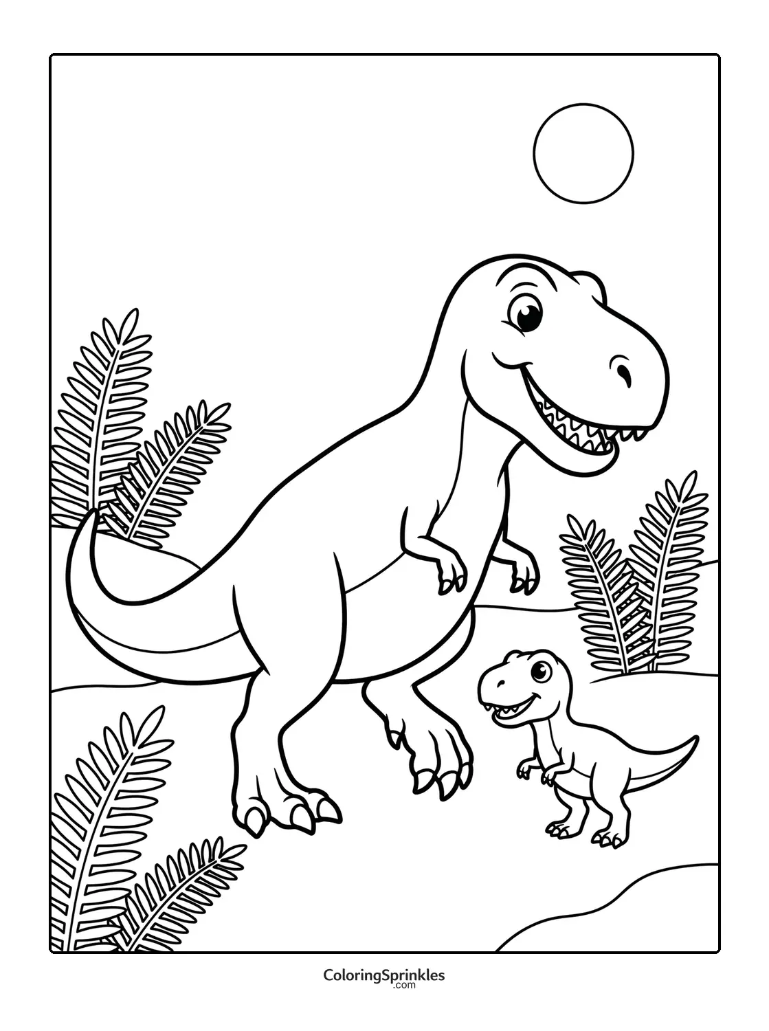 Coloring page of a T-Rex dinosaur parent with a baby and ferns