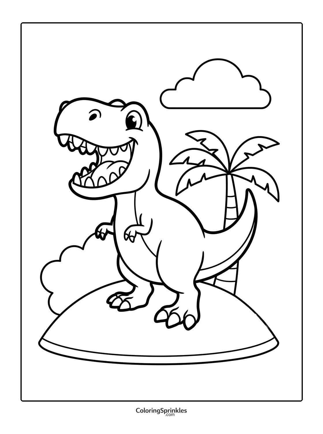 Coloring page of a smiling T-Rex dinosaur with a palm tree and clouds