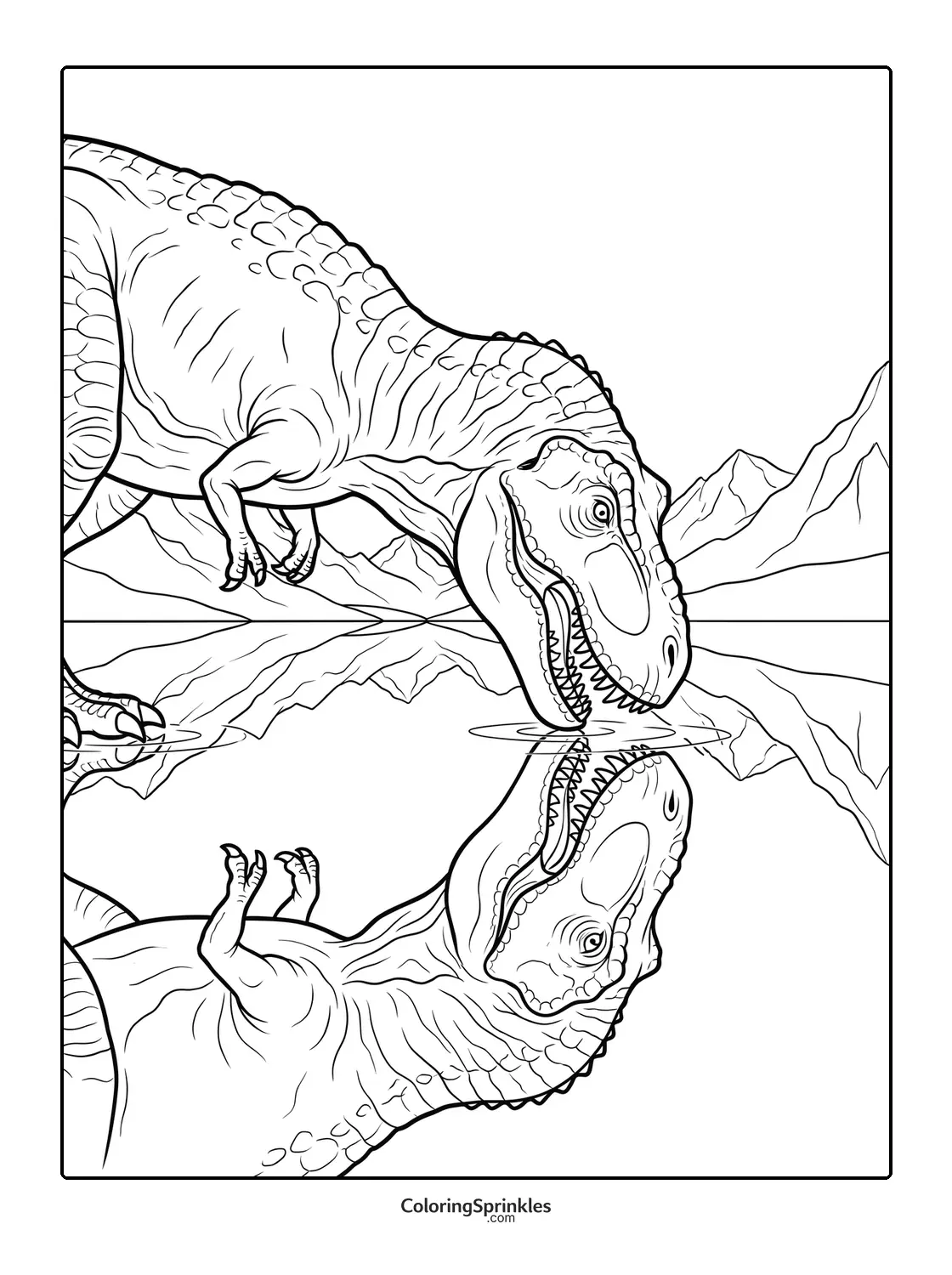 Coloring page of a T-Rex drinking water with mountain reflection