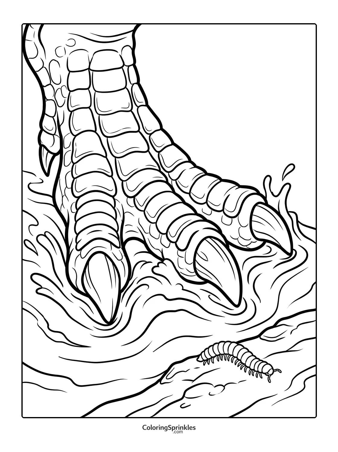 Coloring page of a T-Rex foot with claws splashing water near a centipede