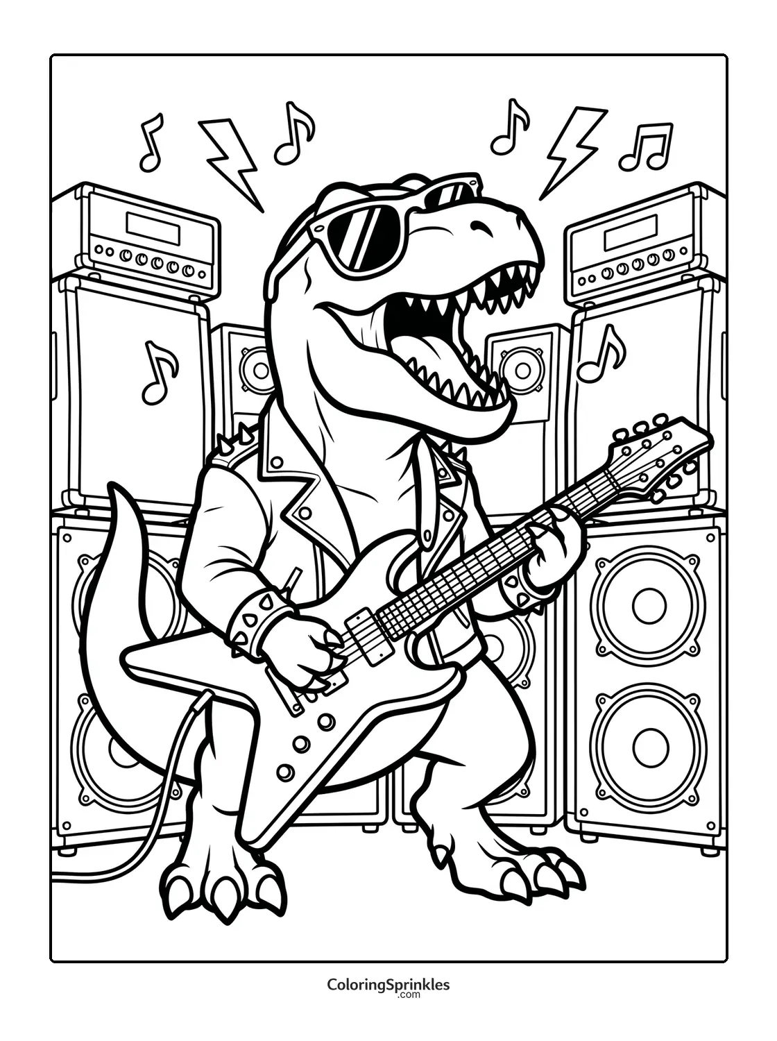 Coloring page of a T-Rex playing an electric guitar with rock music speakers