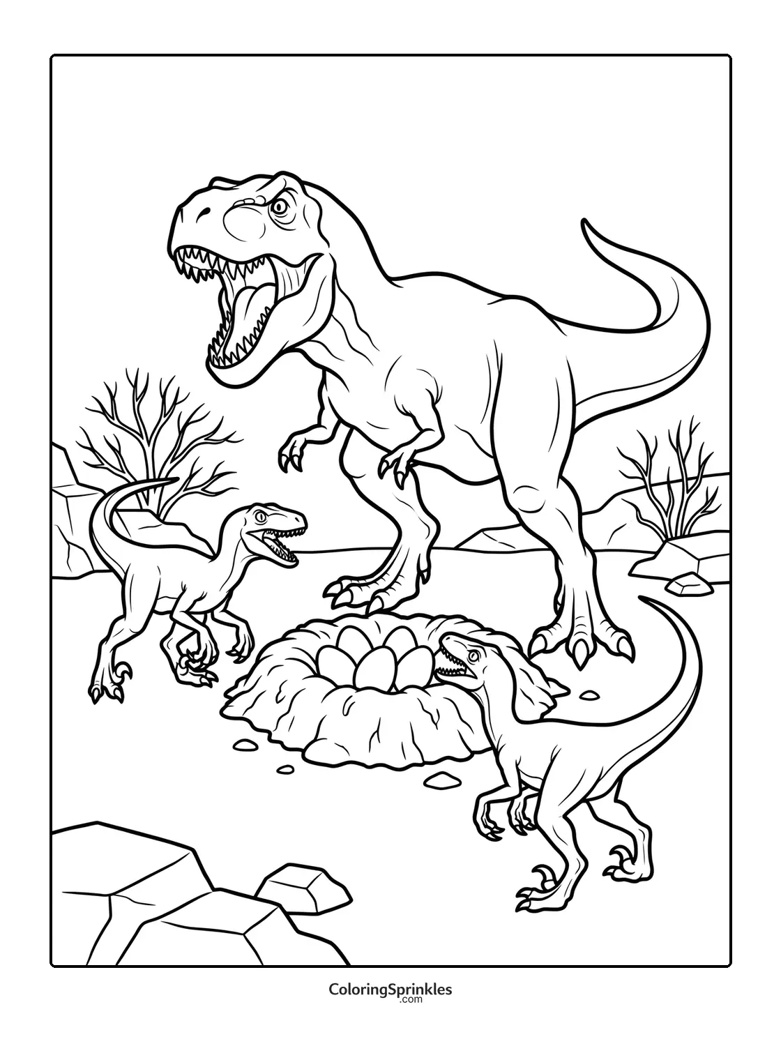 Coloring page of a T-Rex and two raptors near a dinosaur egg nest
