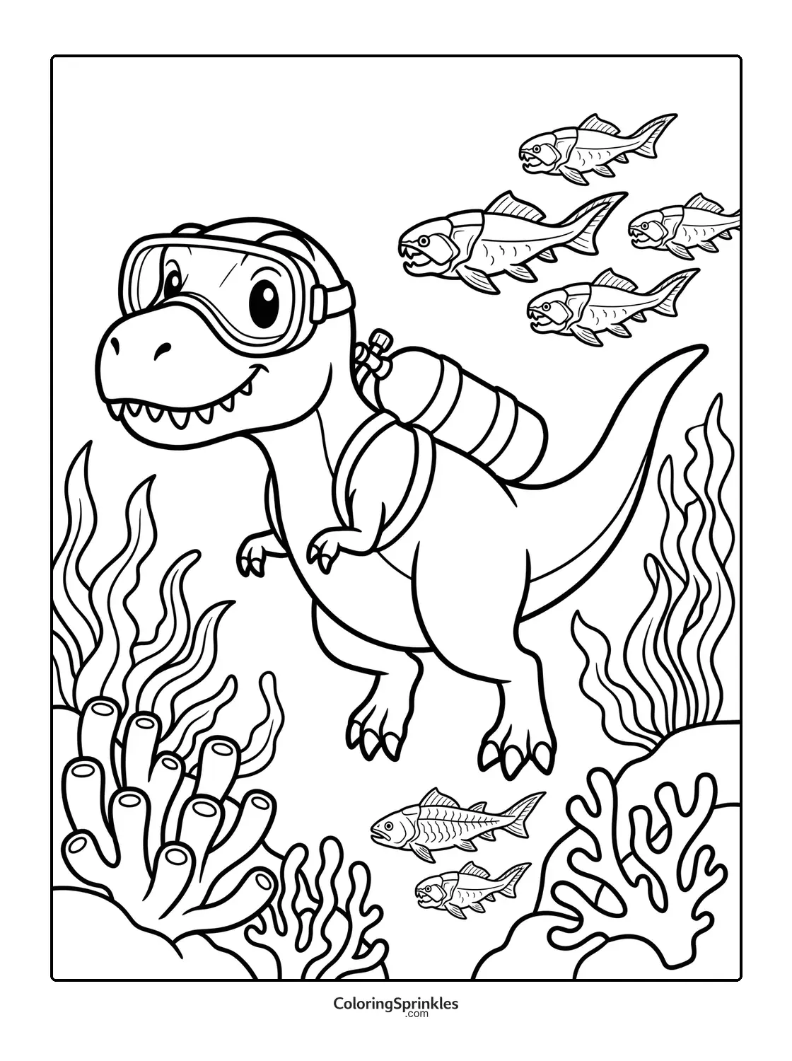 Coloring page of a T-Rex scuba diving underwater with fish