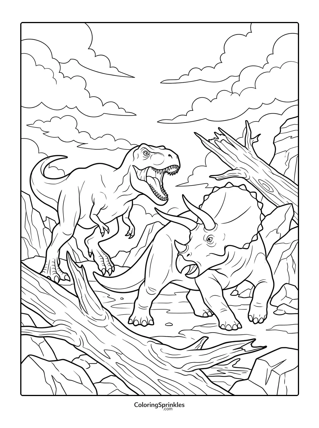 Coloring page of a T-Rex and Triceratops in a rocky landscape