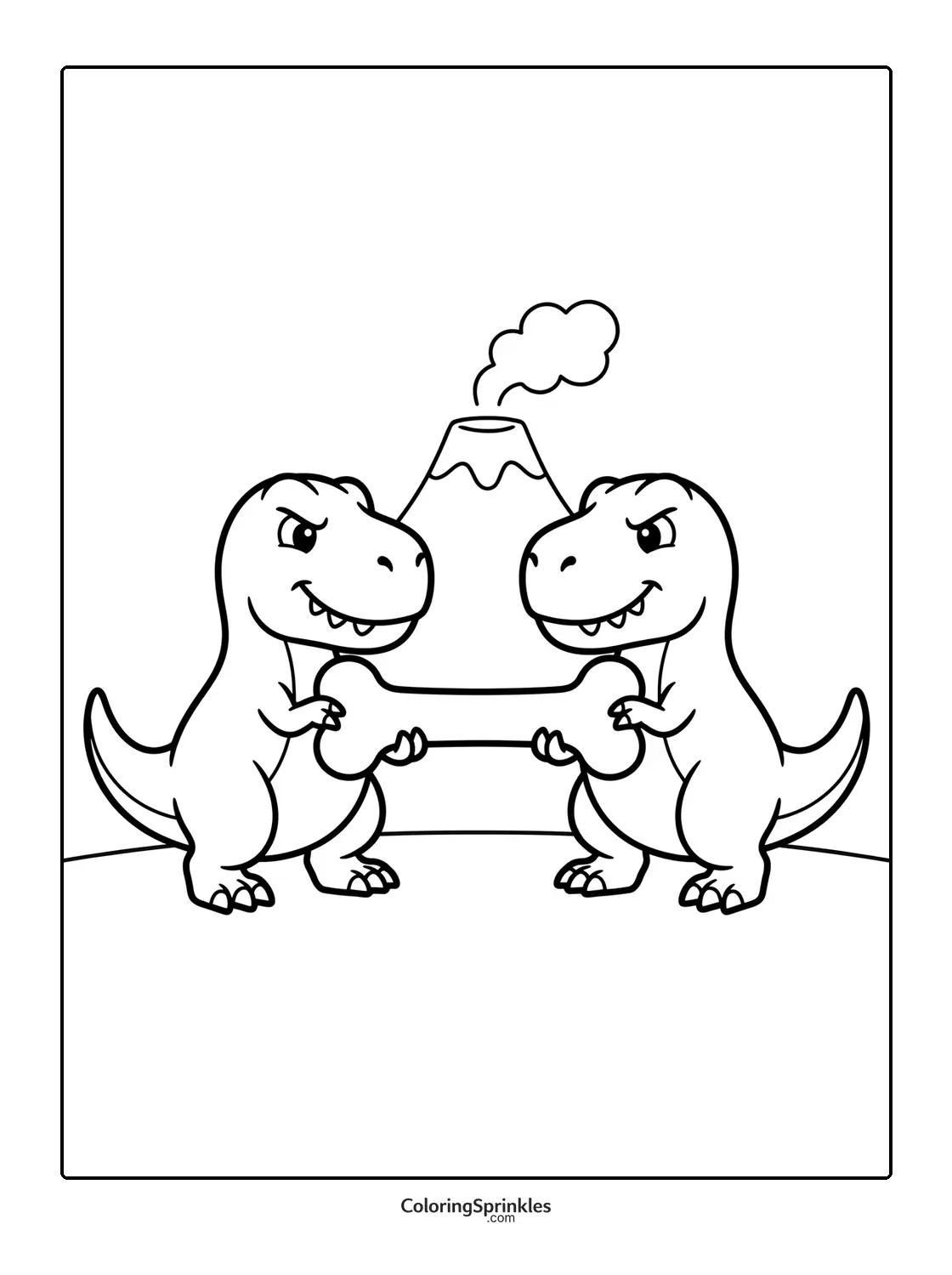 Coloring page of two T-Rex dinosaurs holding a large bone with a volcano in the background