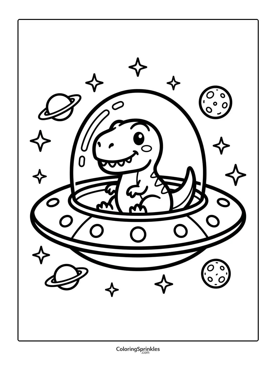 Coloring page of a T-Rex inside a UFO flying in space with planets and stars
