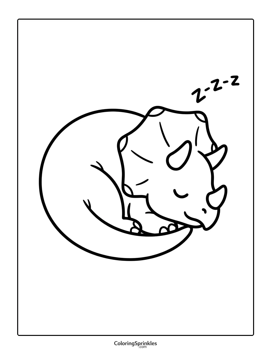 Coloring page of a cute sleeping triceratops dinosaur