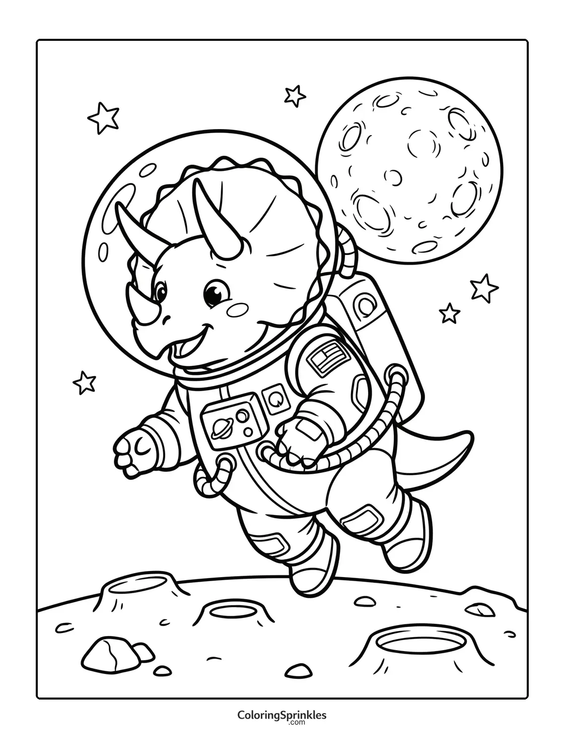 Coloring page of a triceratops astronaut on the moon with craters and stars