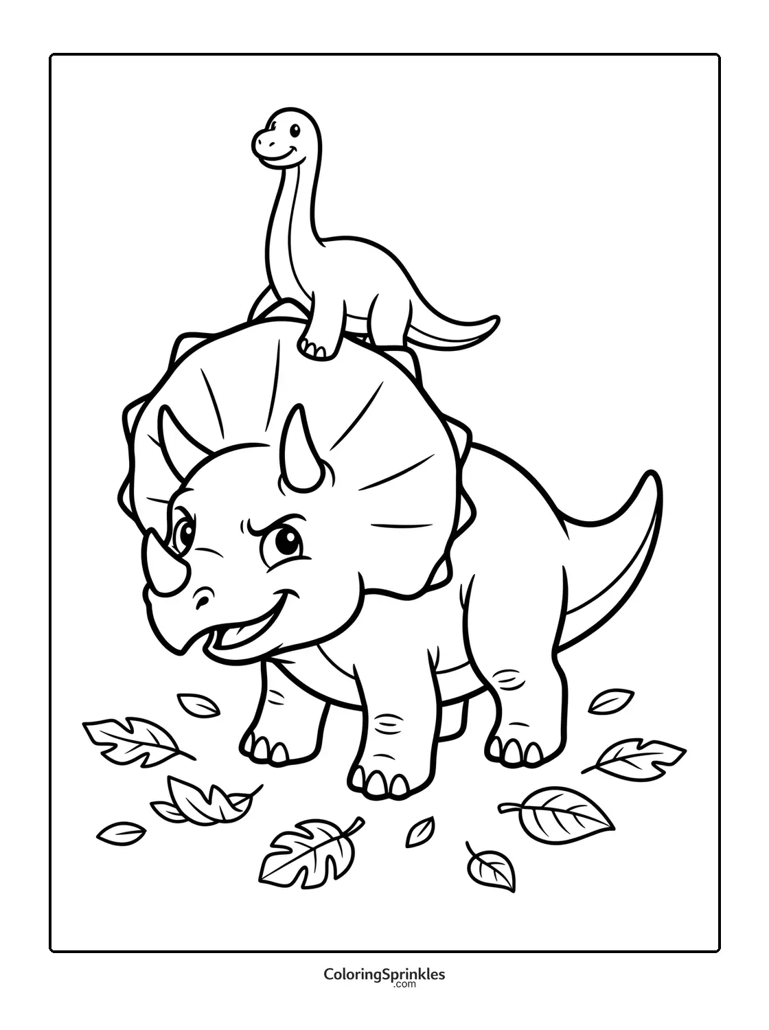 Coloring page of a triceratops with a baby dinosaur on its back and leaves on the ground