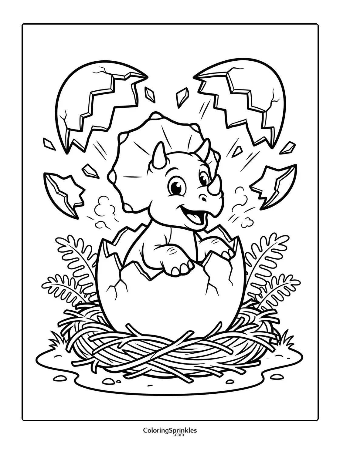 Coloring page of a baby triceratops hatching from an egg in a nest