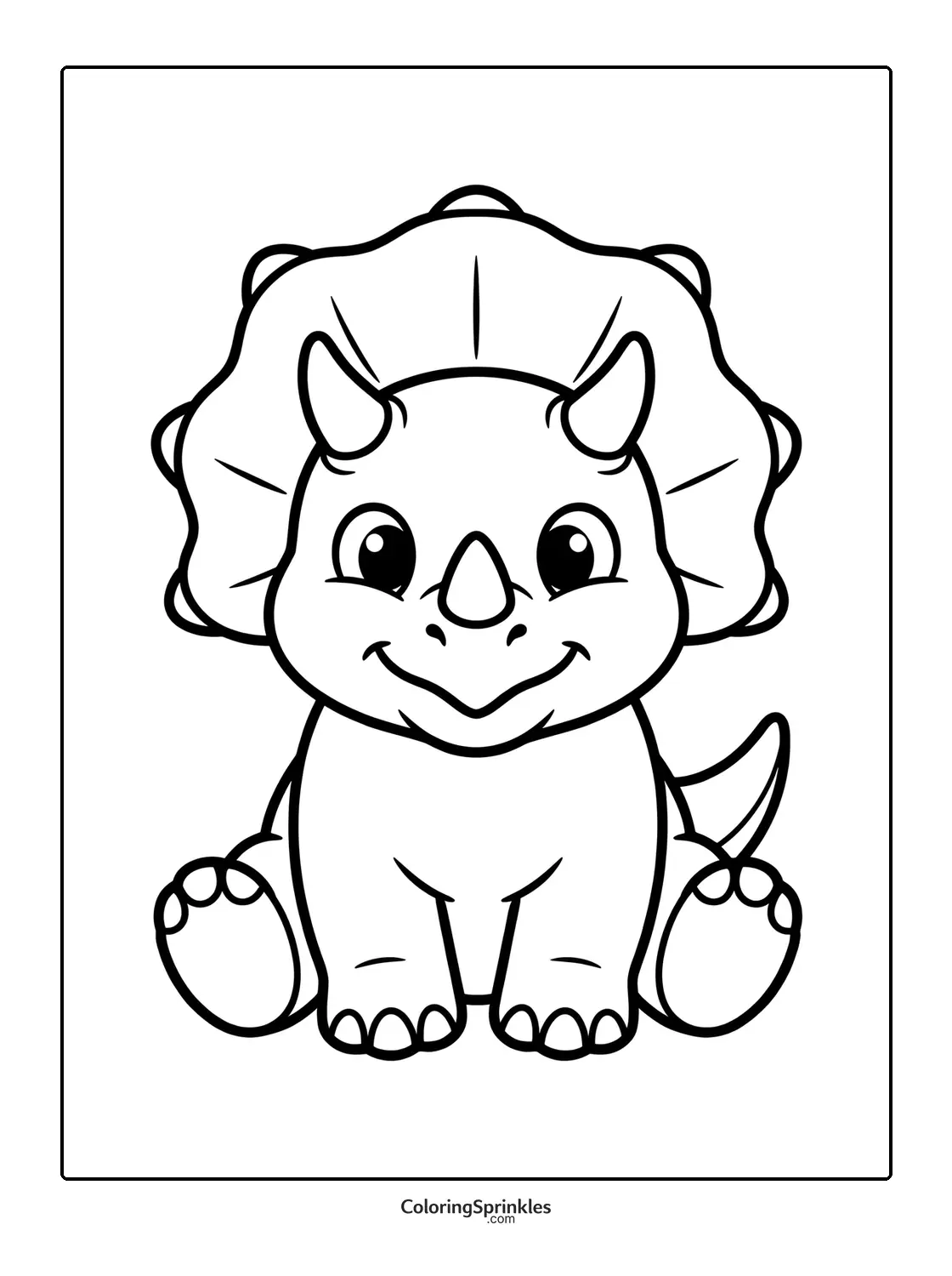 Coloring page of a baby triceratops sitting and smiling