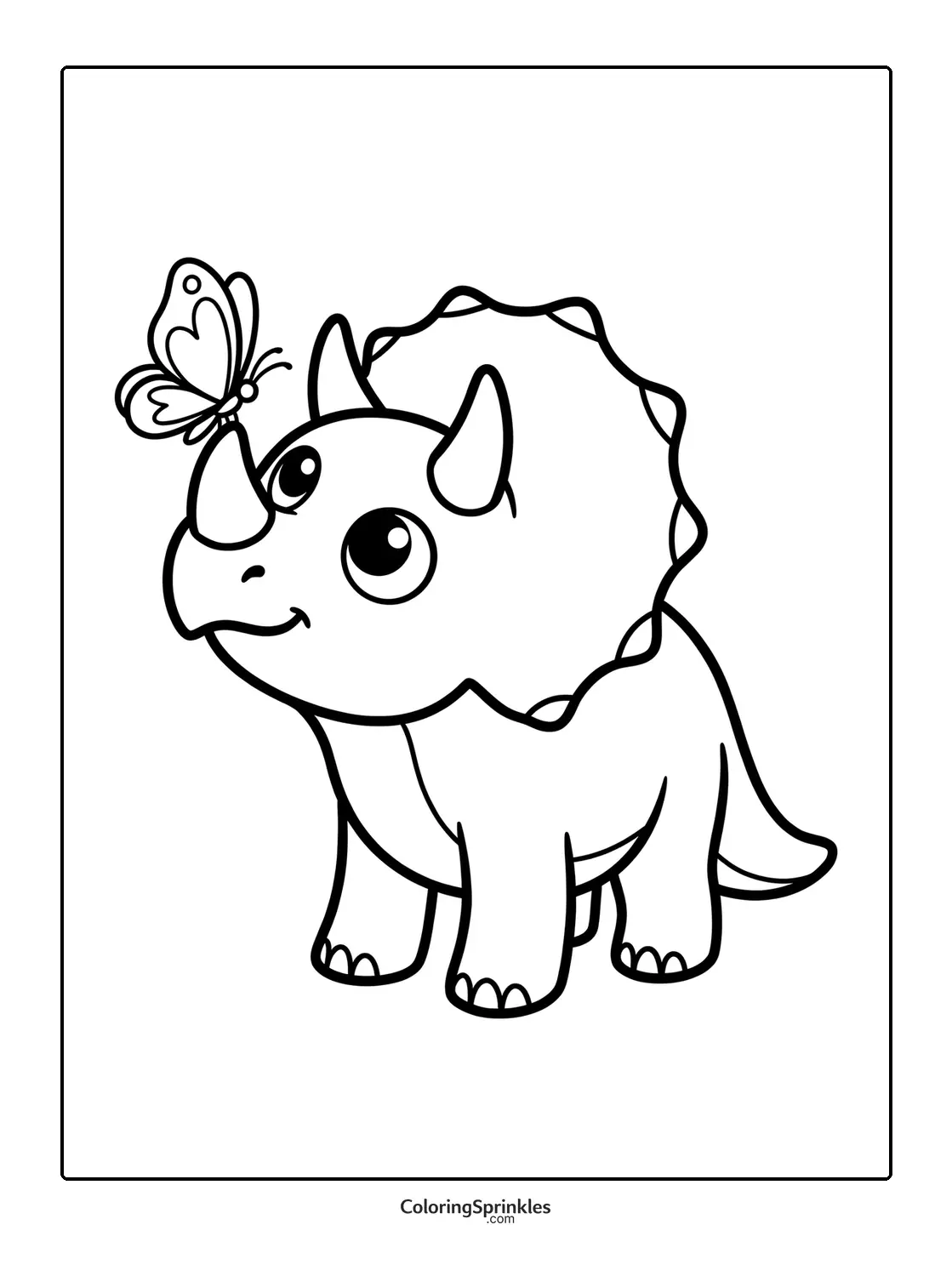 Coloring page of a cute triceratops with a butterfly on its horn