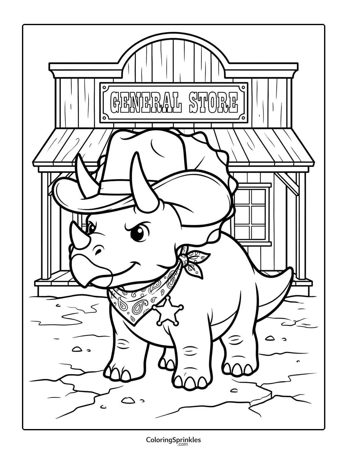 Coloring page of a triceratops dressed as a cowboy in front of a general store