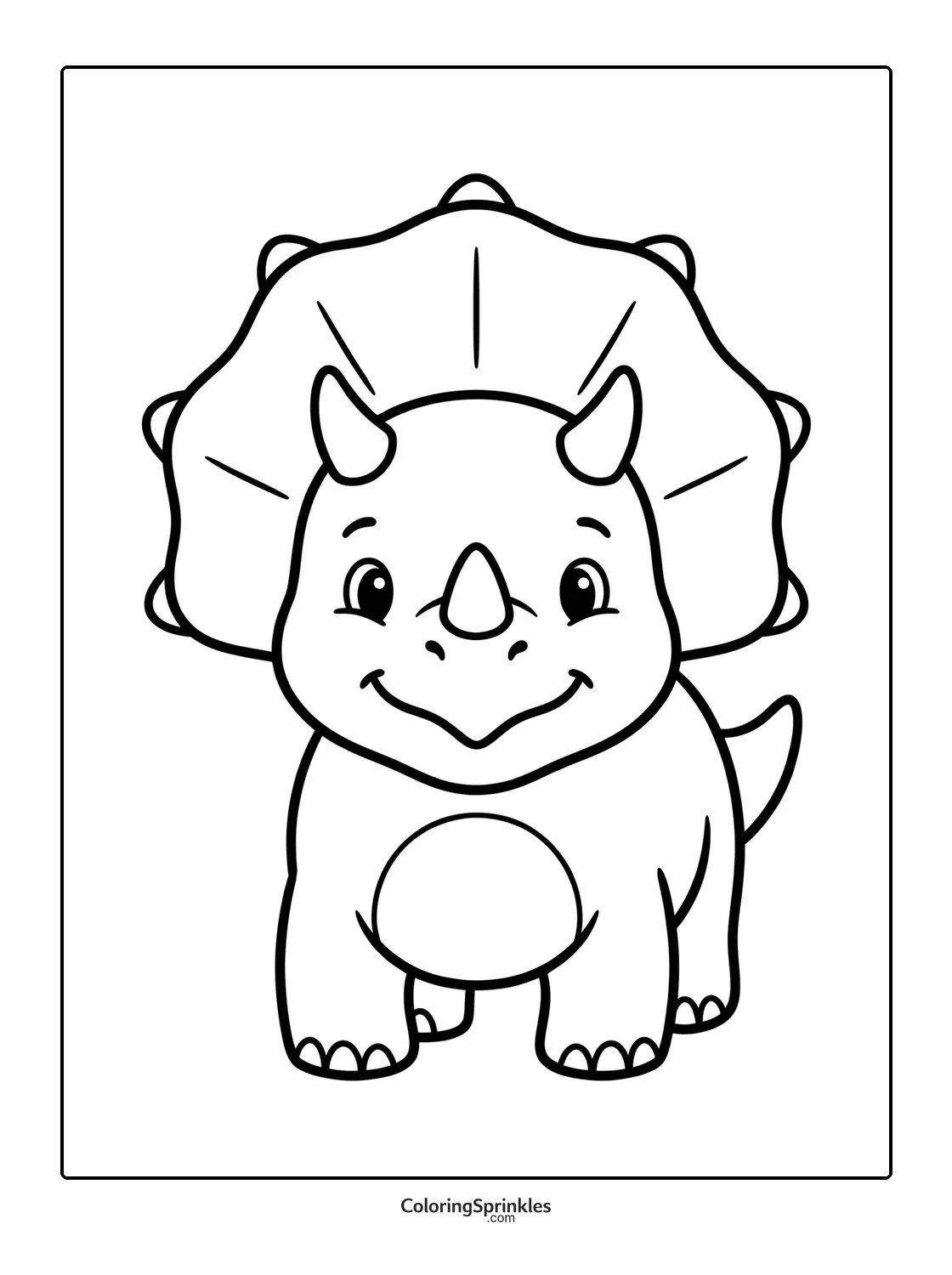 Coloring page of a cute smiling triceratops dinosaur