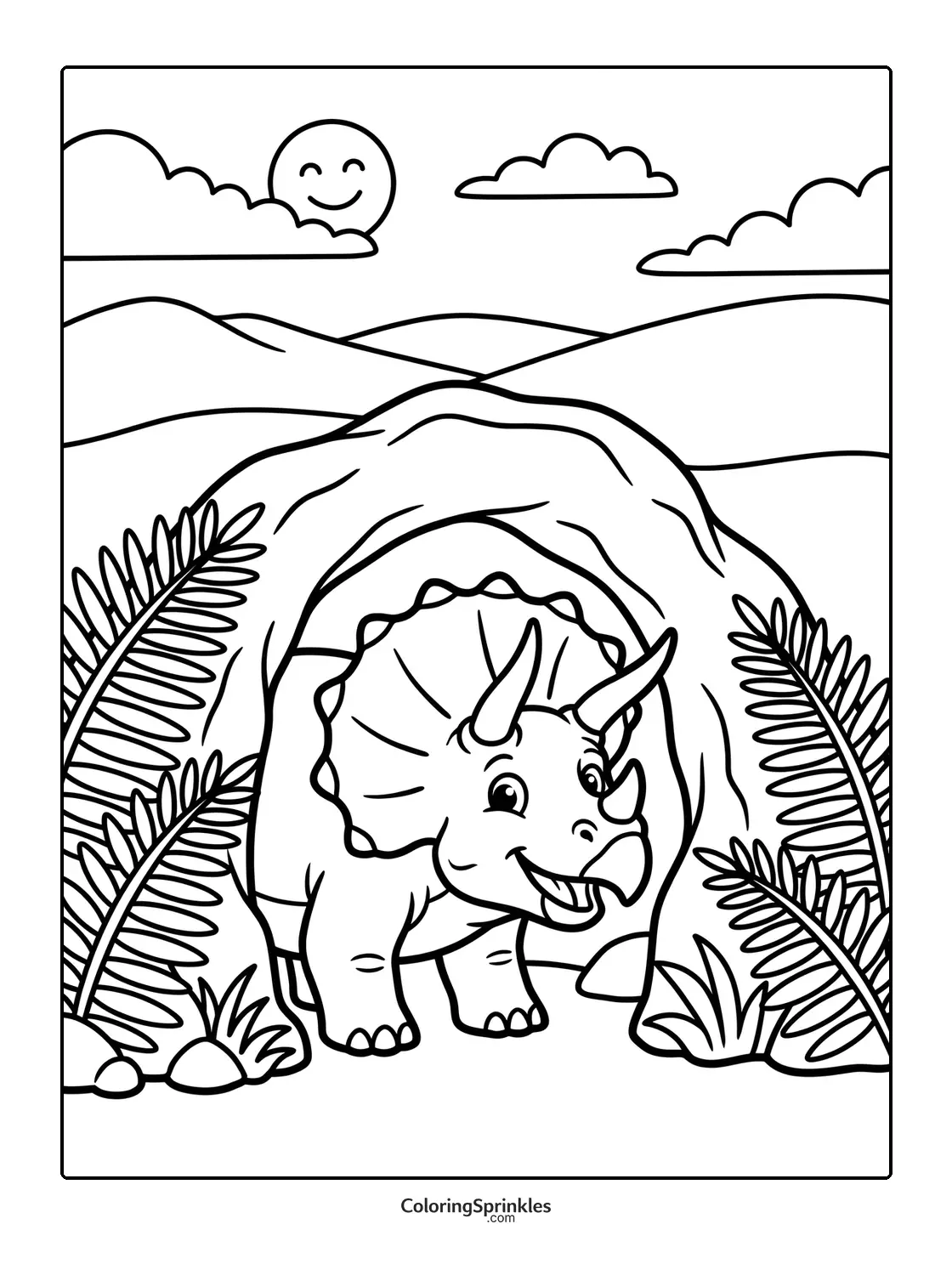 Coloring page of a triceratops dinosaur standing at the entrance of a cave with plants and hills