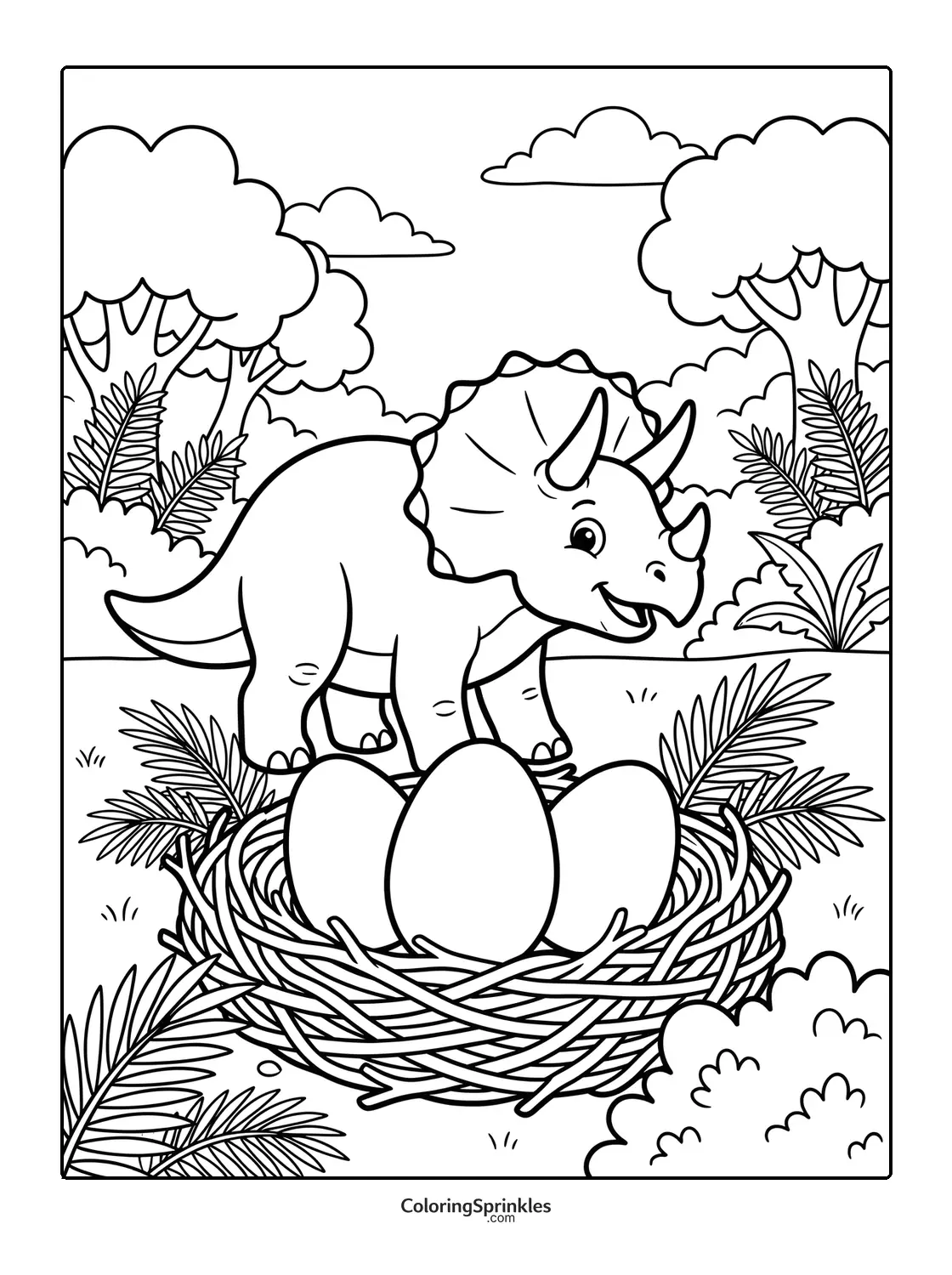 Coloring page of a triceratops dinosaur near eggs in a nest in a forest