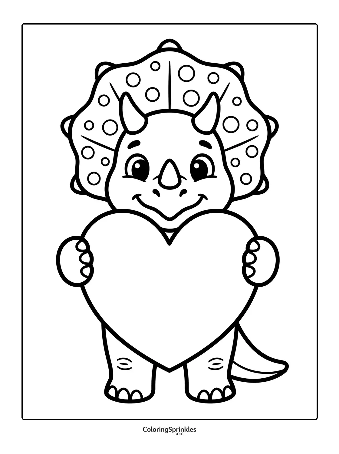 Coloring page of a triceratops dinosaur holding a heart