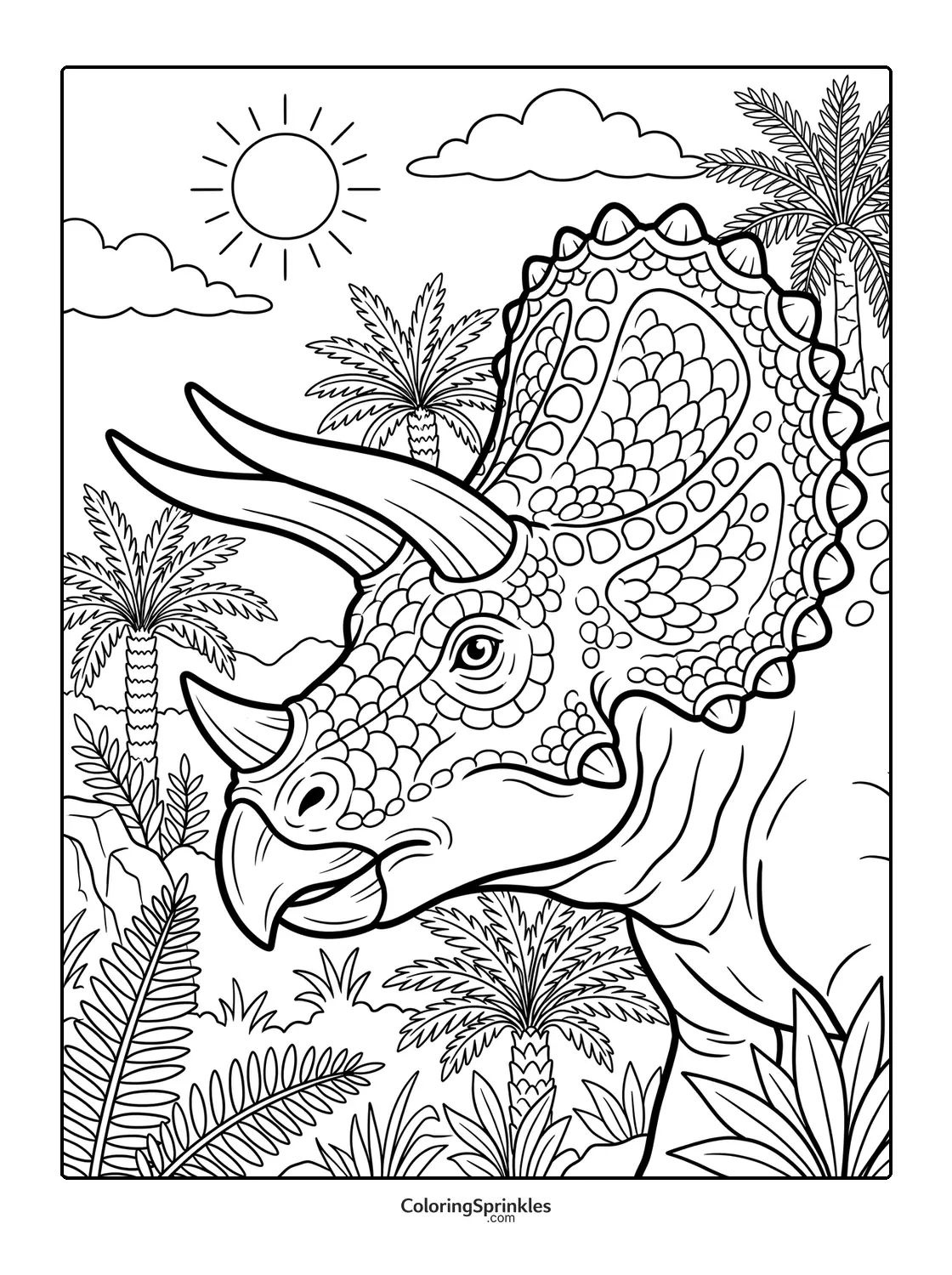 Coloring page of a triceratops dinosaur in a jungle with sun and clouds