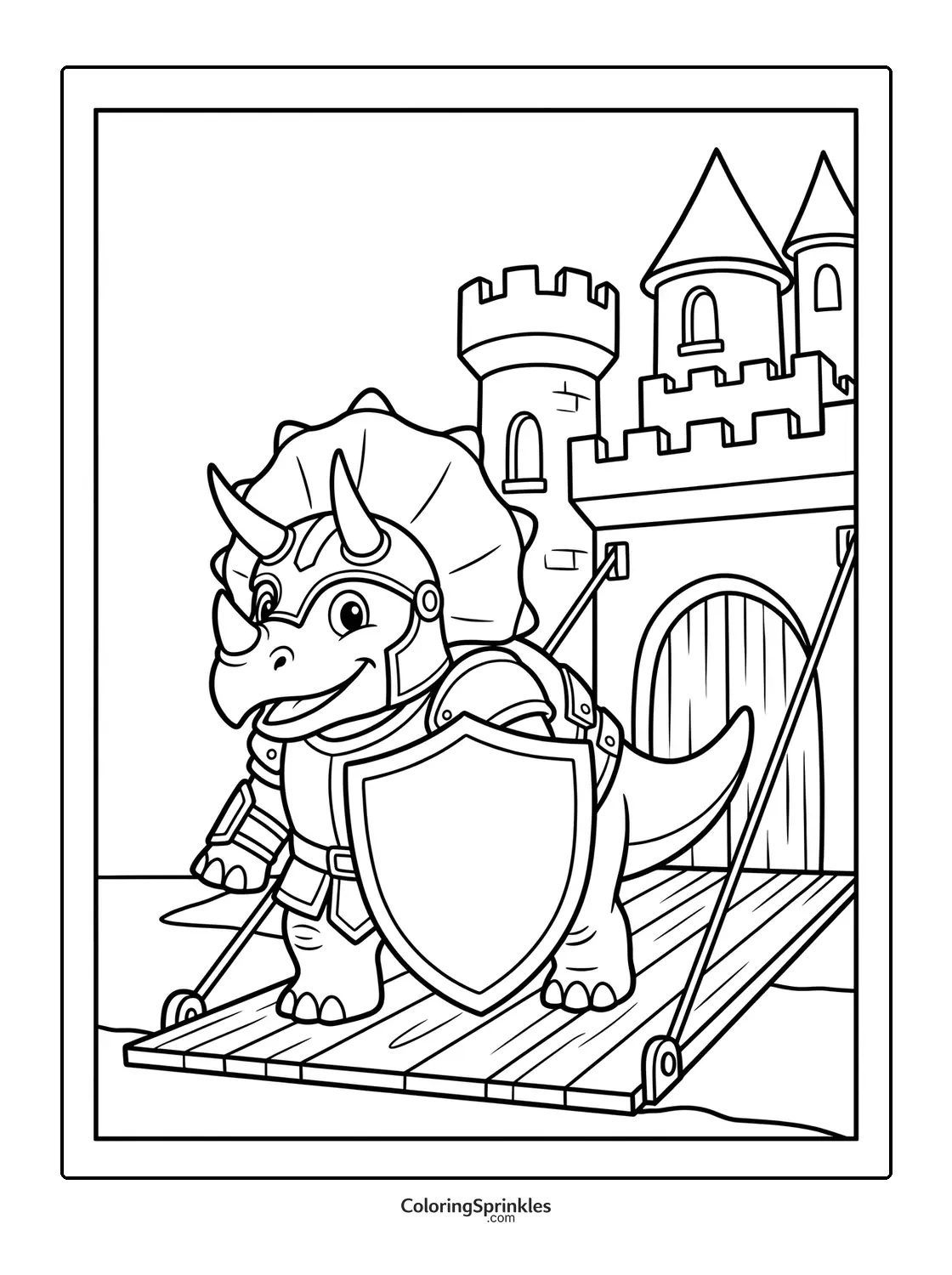 Coloring page of a triceratops dinosaur dressed as a knight in front of a castle drawbridge