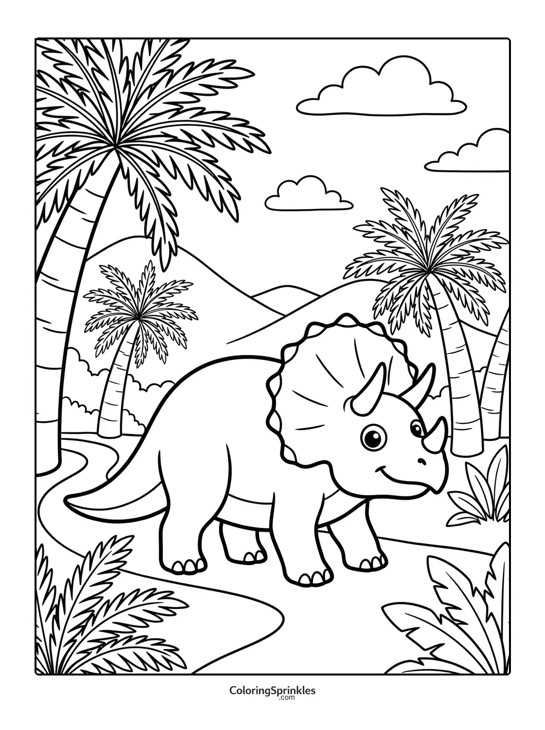 Coloring page of a triceratops dinosaur walking in a jungle with palm trees