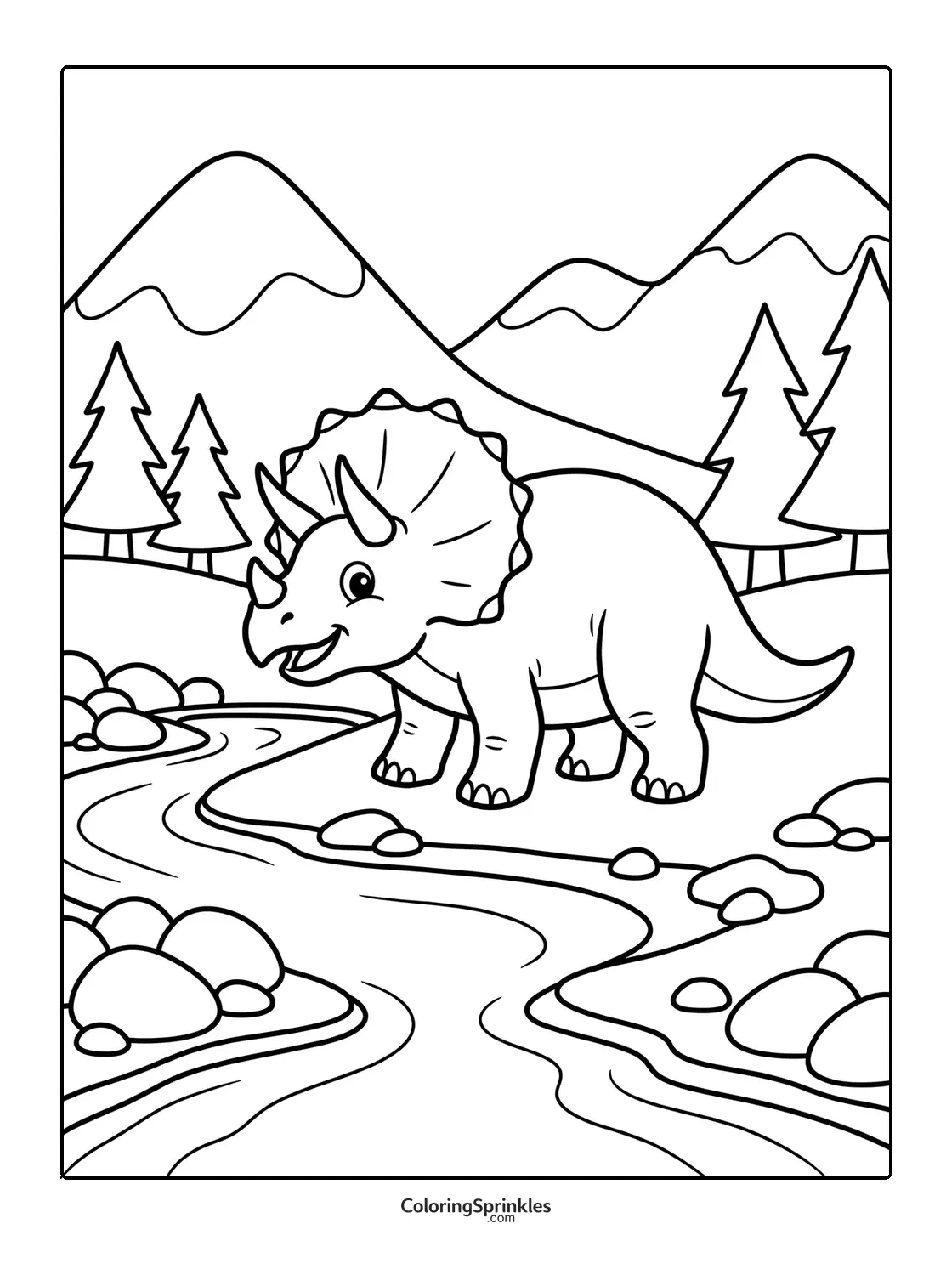 Coloring page of a triceratops dinosaur by a river with mountains and trees