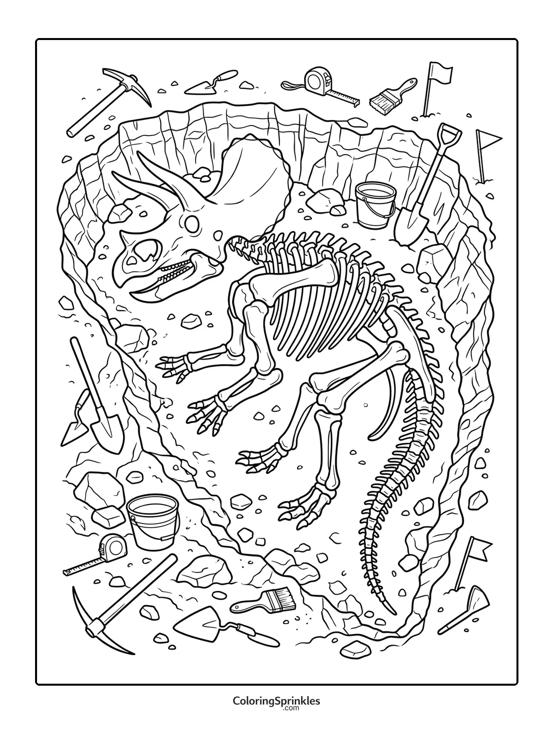 Coloring page of a triceratops dinosaur skeleton at an excavation site