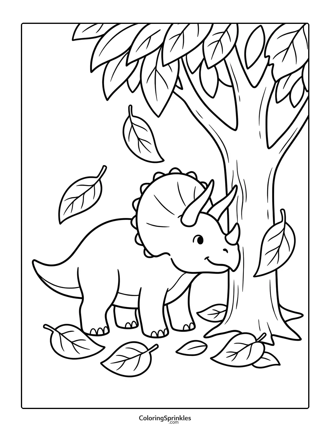 Coloring page of a triceratops dinosaur near a tree with falling leaves