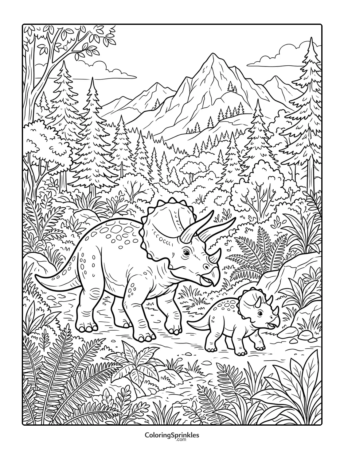 Coloring page of two triceratops dinosaurs walking in a forest with mountains