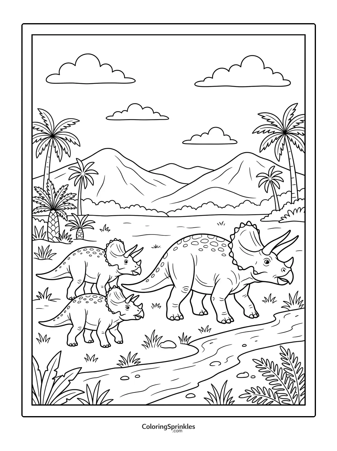 Coloring page of triceratops dinosaurs near a stream with mountains and palm trees
