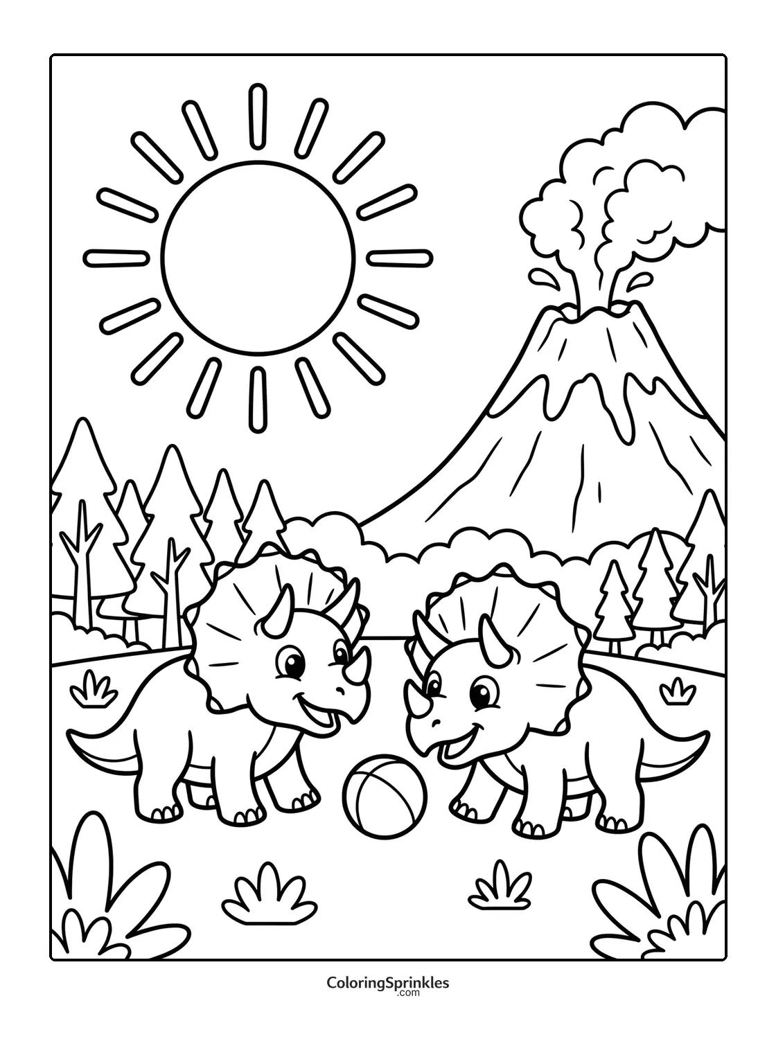Coloring page of two triceratops dinosaurs playing with a ball near a volcano