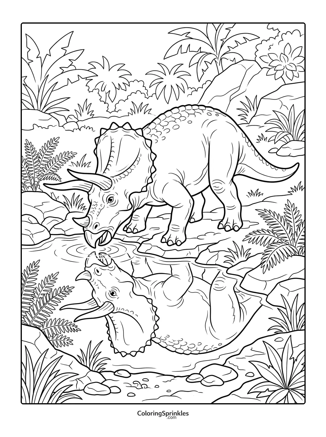 Coloring page of a triceratops drinking water with its reflection in a jungle