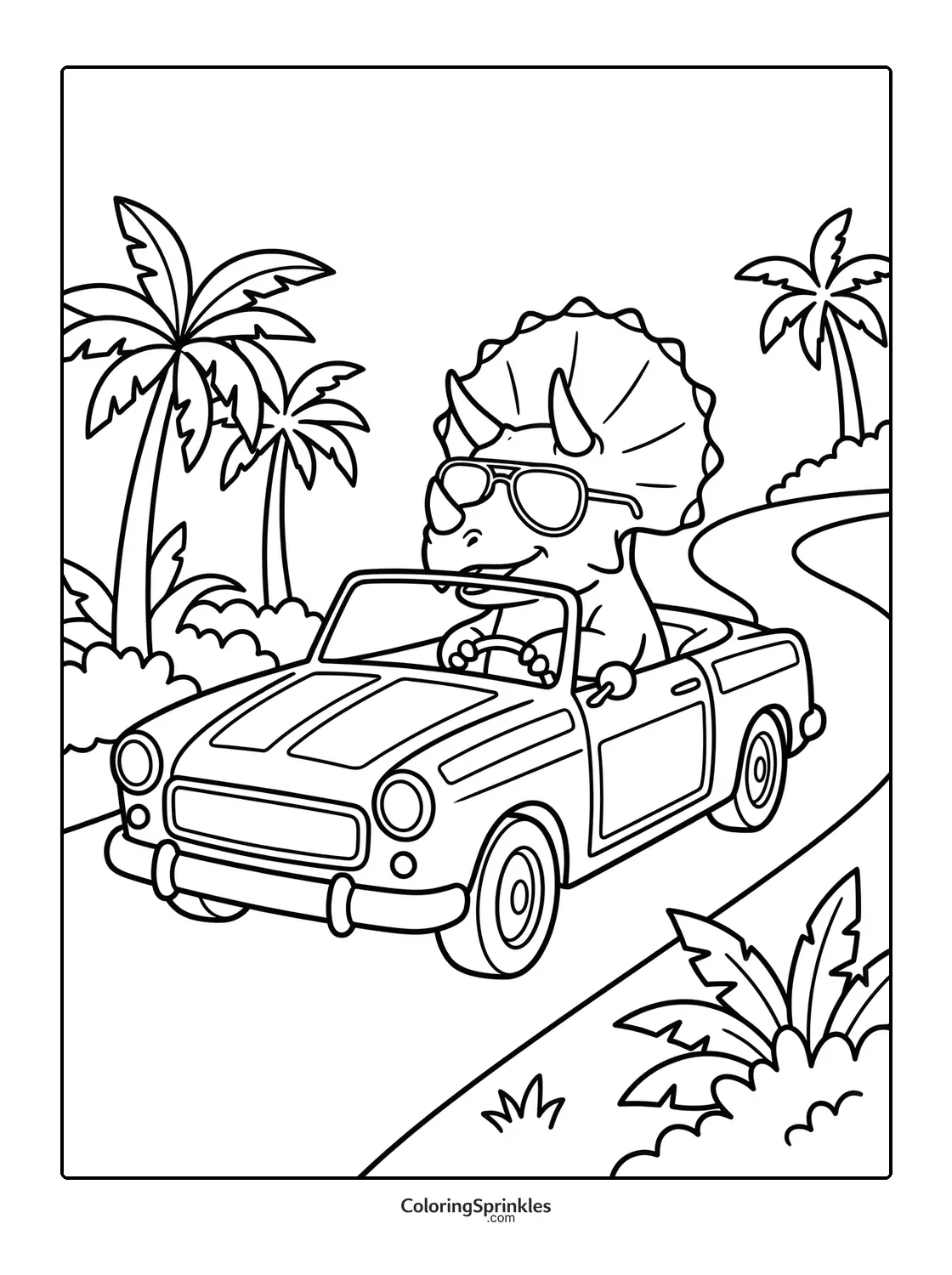 Coloring page of a triceratops driving a convertible car with palm trees