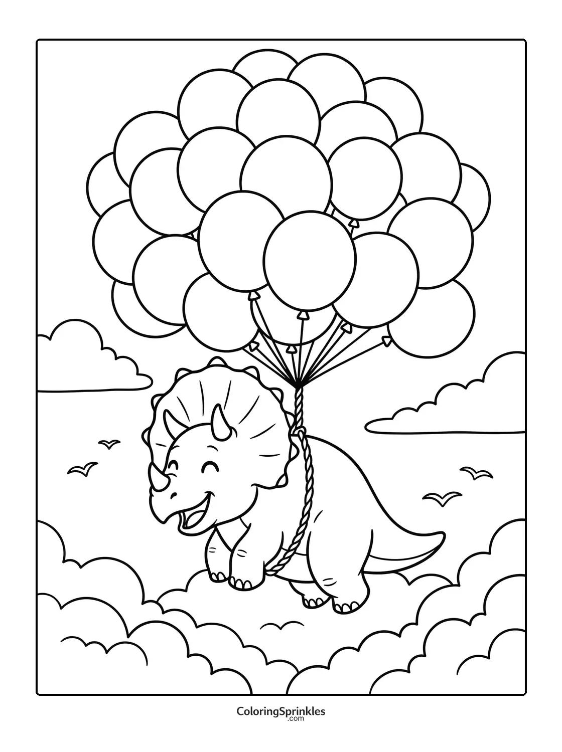 Coloring page of a triceratops floating with balloons in the clouds