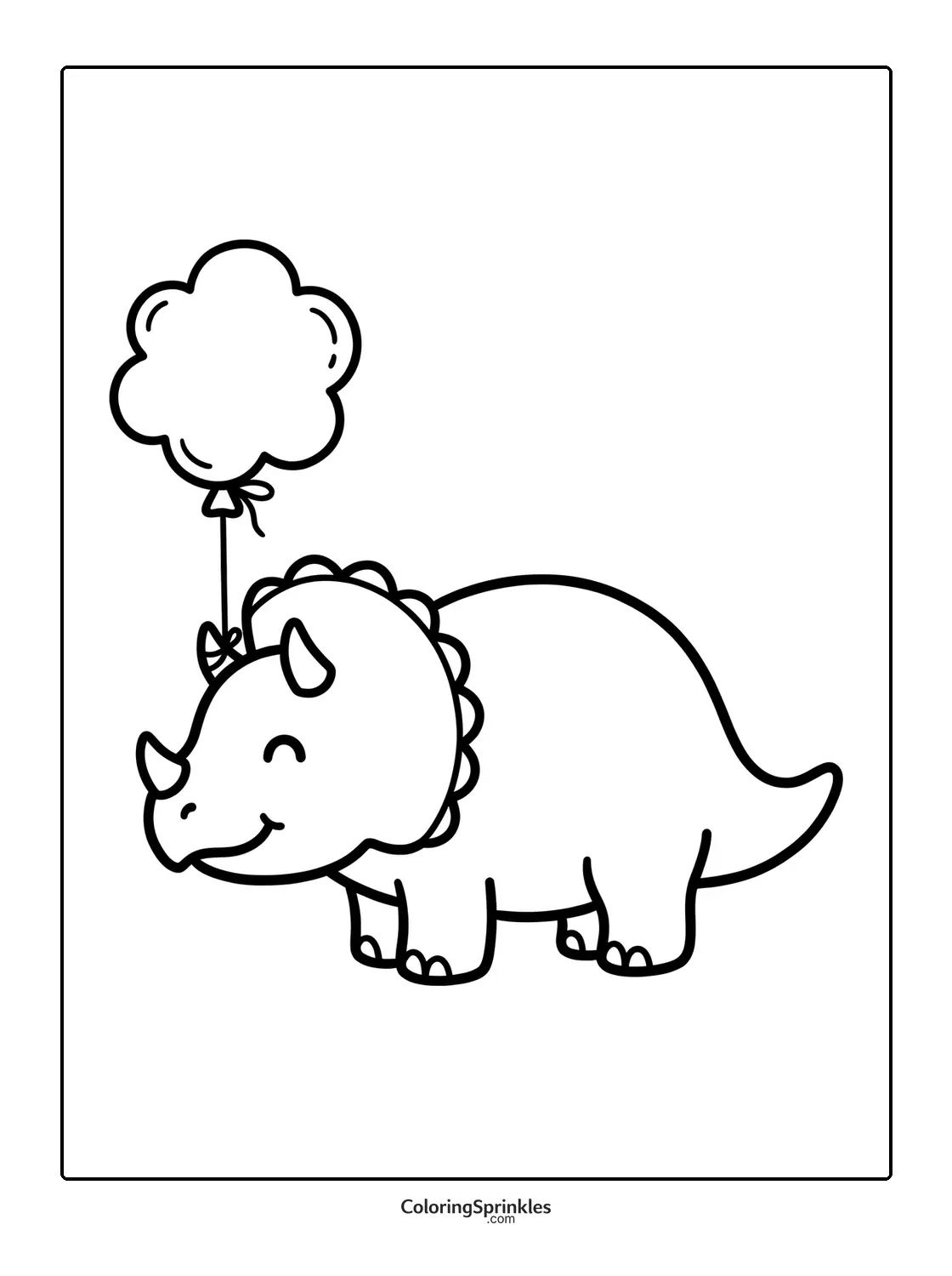 Coloring page of a smiling triceratops holding a balloon