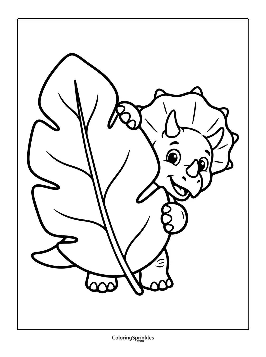 Coloring page of a triceratops holding a large leaf