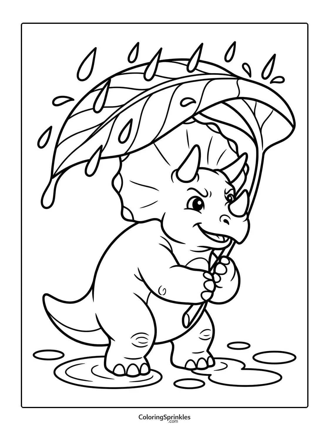 Coloring page of a triceratops holding a leaf umbrella in the rain