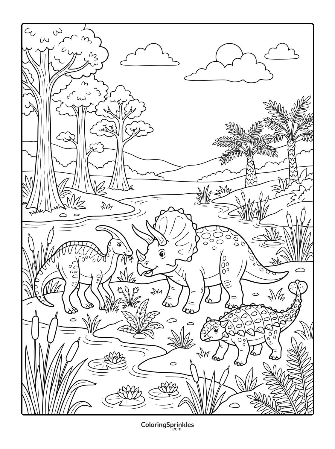 Coloring page of a triceratops, parasaurolophus and ankylosaurus by a river with trees