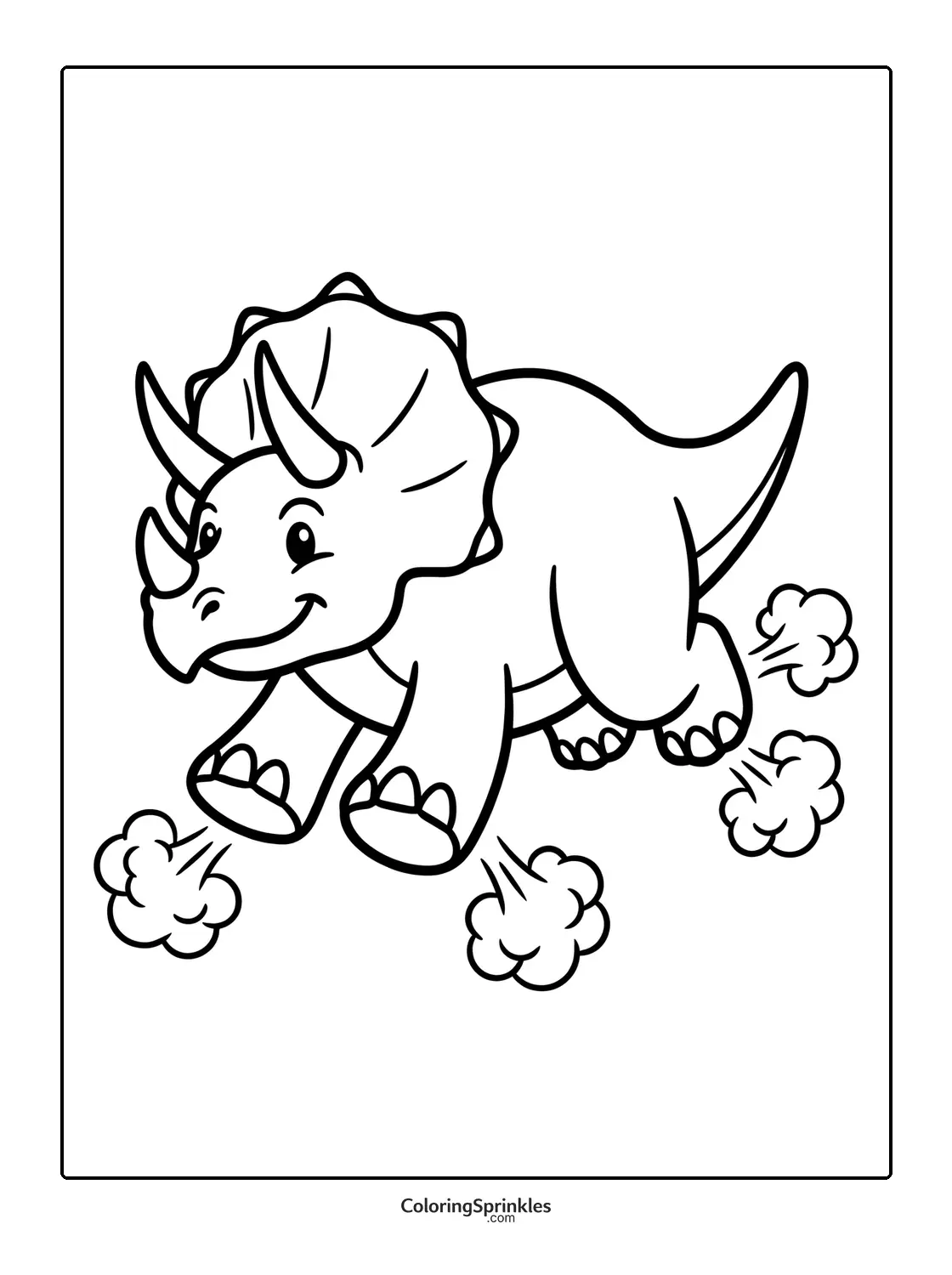 Coloring page of a cartoon triceratops running